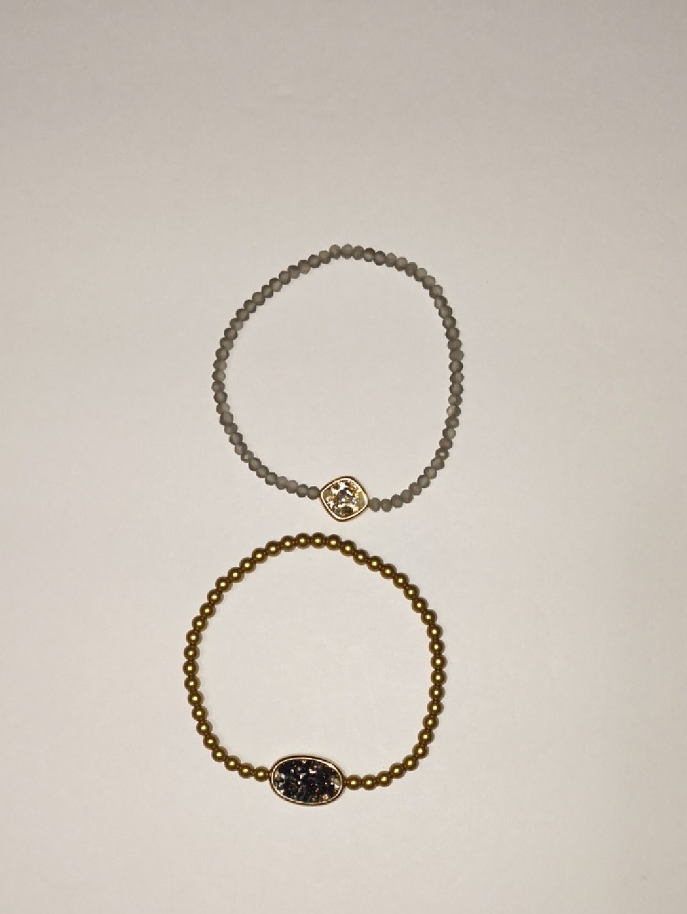 Stackable Beaded Bracelet Duo in Gray and Gold with Crystal Charms